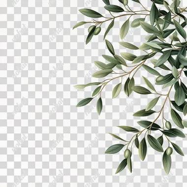 Green olive tree leaves in Akira toriyama style on white background coming off the right hand corner of the picture, 8k