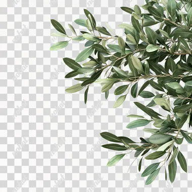 Green olive tree leaves in Akira toriyama style on white background coming off the right hand corner of the picture, 8k