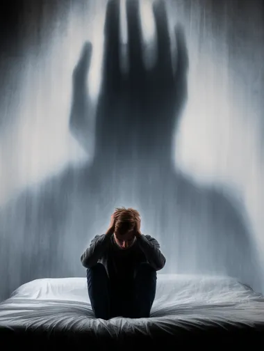 a person sitting on a bed with a giant shadowy hand pressing down on their shoulders, embodiment of anxiety, dark palette, high contrast, conceptual stock image  --raw rofile gq52qgq 6v2mwdg