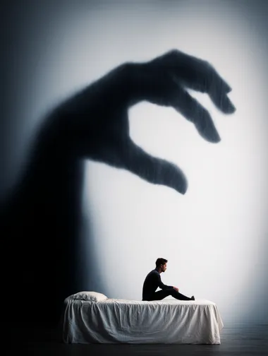 a person sitting on a bed with a giant shadowy hand pressing down on their shoulders, embodiment of anxiety, dark palette, high contrast, conceptual stock image  --raw rofile gq52qgq 6v2mwdg