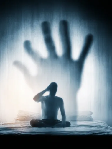 a person sitting on a bed with a giant shadowy hand pressing down on their shoulders, embodiment of anxiety, dark palette, high contrast, conceptual stock image  --raw rofile gq52qgq 6v2mwdg