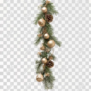 A Christmas garland two meters high. with green pine branches and beige and gold decorations on a white background. it is stretched out to the sides and slightly hangs down. The garland in the photo is presented in full size. it hangs horizontally, the center bends down a little. Detailed, with natural light and clear focus. A high-resolution photo. The picture was taken with a Canon EOS camera using HDR (High Dynamic Range) technology. The image size is 7500 pixels by 4000 pixels