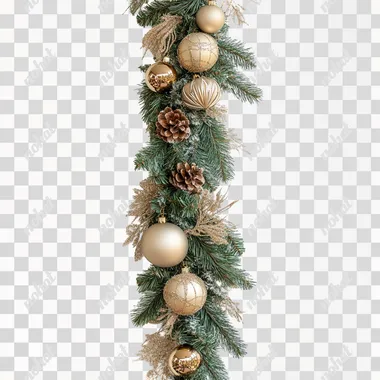 A Christmas garland two meters high. with green pine branches and beige and gold decorations on a white background. it is stretched out to the sides and slightly hangs down. The garland in the photo is presented in full size. it hangs horizontally, the center bends down a little. Detailed, with natural light and clear focus. A high-resolution photo. The picture was taken with a Canon EOS camera using HDR (High Dynamic Range) technology. The image size is 7500 pixels by 4000 pixels