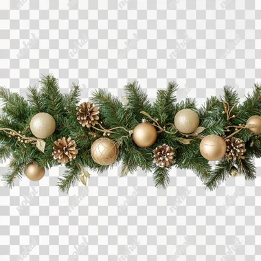 A Christmas garland two meters high. with green pine branches and beige and gold decorations on a white background. it is stretched out to the sides and slightly hangs down. The garland in the photo is presented in full size. it hangs horizontally, the center bends down a little. Detailed, with natural light and clear focus. A high-resolution photo. The picture was taken with a Canon EOS camera using HDR (High Dynamic Range) technology. The image size is 7500 pixels by 4000 pixels