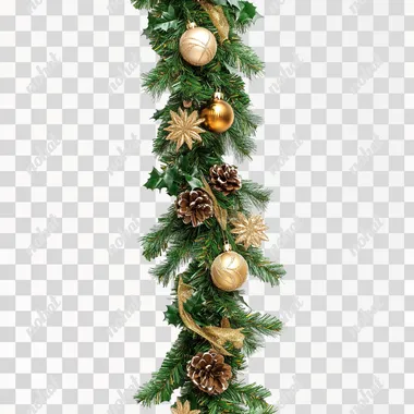 A Christmas garland two meters high. with green pine branches and beige and gold decorations on a white background. it is stretched out to the sides and slightly hangs down. The garland in the photo is presented in full size. it hangs horizontally, the center bends down a little. Detailed, with natural light and clear focus. A high-resolution photo. The picture was taken with a Canon EOS camera using HDR (High Dynamic Range) technology. The image size is 7500 pixels by 4000 pixels
