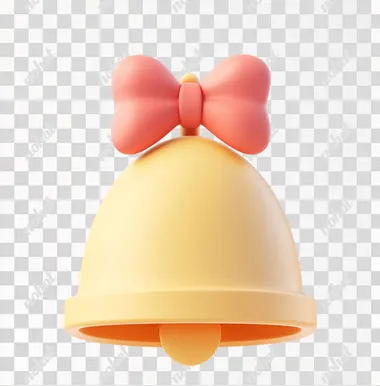 3D cartoon, a cute bell icon with a bow on it, against a white background, with soft light yellow and red colors, in the style of Pixar.