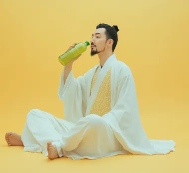 A man in ancient Chinese costume, wearing black hair and a small beard, is sitting on the ground with his legs crossed, drinking from a green plastic bottle. He is wearing a white long-sleeve robe with a light yellow dot-patterned shirt. His mouth is slightly open, and the image is a full-body shot against a solid color background, with studio photography, natural lighting, medium distance, and a clean, cool-colored background.
