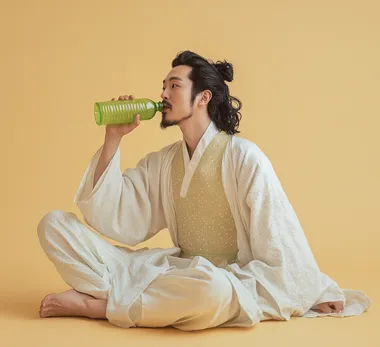 A man in ancient Chinese costume, wearing black hair and a small beard, is sitting on the ground with his legs crossed, drinking from a green plastic bottle. He is wearing a white long-sleeve robe with a light yellow dot-patterned shirt. His mouth is slightly open, and the image is a full-body shot against a solid color background, with studio photography, natural lighting, medium distance, and a clean, cool-colored background.