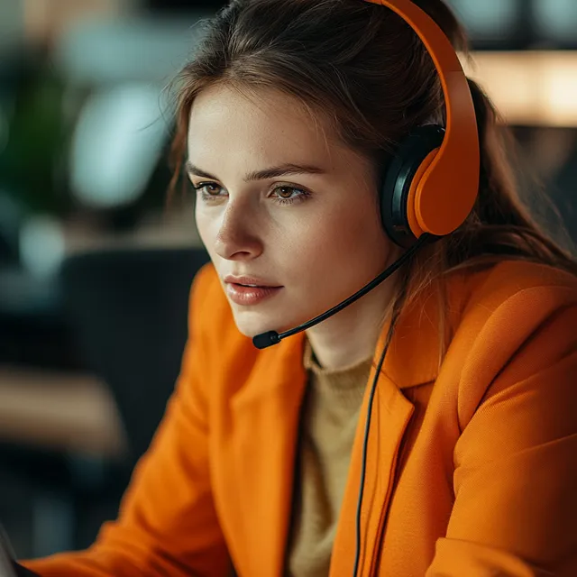 Support person in orange blazer using laptop in a cozy office space