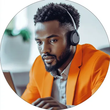 A candid image of a support person with a concentrated face in an orange blazer helping a customer on a support call