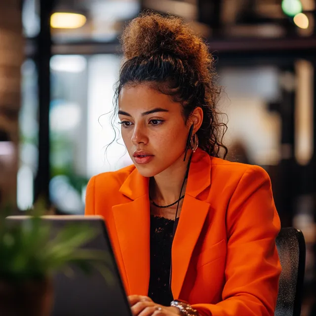 A woman in an orange blazer focused on a laptop in a cozy living area