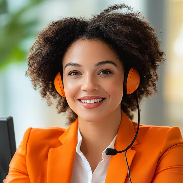 Woman in orange blazer smiling on headset in a modern office setting
