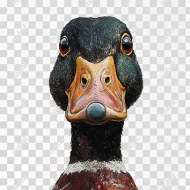 a realistic illustration of a farmyard duck, head and shoulder shot, in the style of quentin Blake, transparent background