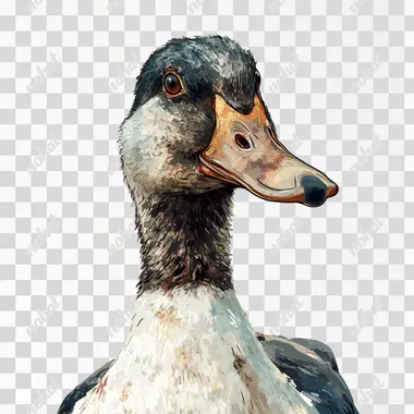a realistic illustration of a farmyard duck, head and shoulder shot, in the style of quentin Blake, transparent background