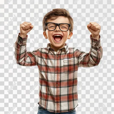 Create a hyper-realistic image of an 7-8 year old boy on a white background. He is wearing glasses with black frames and a checkered shirt. The boy has raised his arms at the elbows and clenched his fists in excitement. He is smiling widely with his mouth slightly open, expressing joy and enthusiasm.