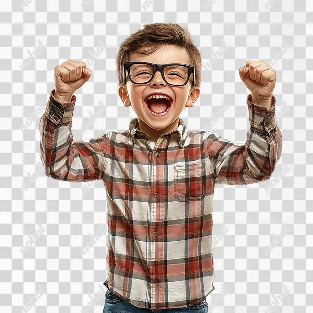 PNG Young boy in plaid shirt and glasses expressing joy and excitement