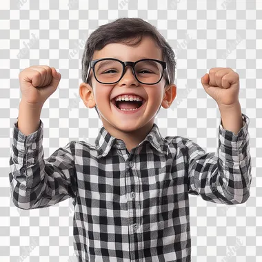 Create a hyper-realistic image of an 7-8 year old boy on a white background. He is wearing glasses with black frames and a checkered shirt. The boy has raised his arms at the elbows and clenched his fists in excitement. He is smiling widely with his mouth slightly open, expressing joy and enthusiasm.