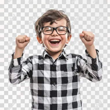 Create a hyper-realistic image of an 7-8 year old boy on a white background. He is wearing glasses with black frames and a checkered shirt. The boy has raised his arms at the elbows and clenched his fists in excitement. He is smiling widely with his mouth slightly open, expressing joy and enthusiasm.