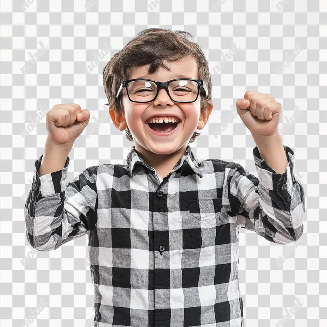 PNG Young boy in glasses and checkered shirt showing excitement indoors