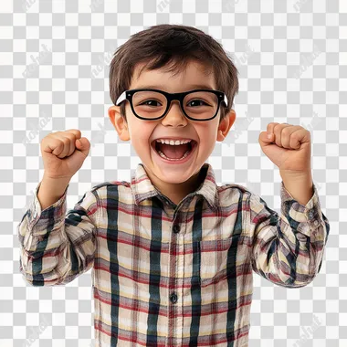 Create a hyper-realistic image of an 7-8 year old boy on a white background. He is wearing glasses with black frames and a checkered shirt. The boy has raised his arms at the elbows and clenched his fists in excitement. He is smiling widely with his mouth slightly open, expressing joy and enthusiasm.