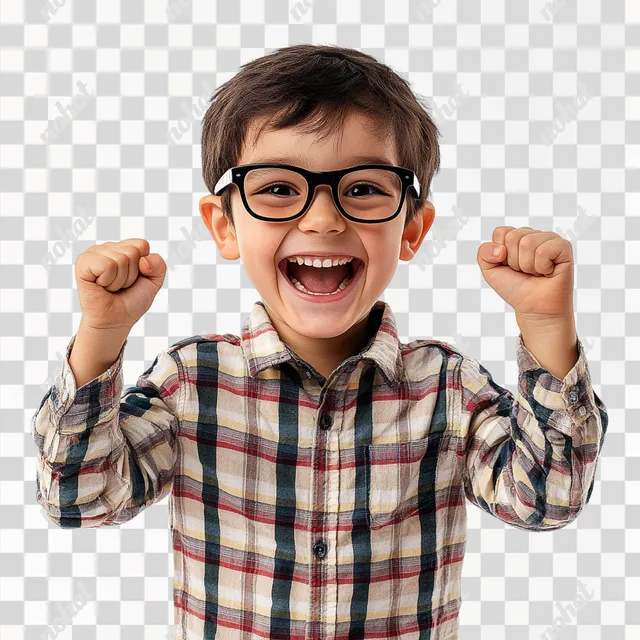 PNG 7-8 Year Old Boy in Glasses and Plaid Shirt Expressing Excitement