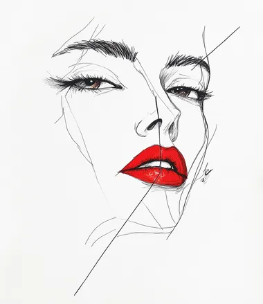 A drawing of an abstract face with white paper, red lipstick, and a single line on the lips, created using a watercolor technique, with a color ink pen and a white background, without shadows or details, with simple lines and thin strokes, depicting a transparent-skinned portrait of a woman's head, without a mouth, with eye makeup and eyeshadow, without eyelashes or a nose, with a contour light and eyeliner.