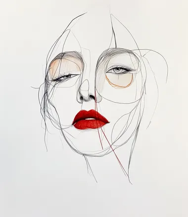 A drawing of an abstract face with white paper, red lipstick, and a single line on the lips, created using a watercolor technique, with a color ink pen and a white background, without shadows or details, with simple lines and thin strokes, depicting a transparent-skinned portrait of a woman's head, without a mouth, with eye makeup and eyeshadow, without eyelashes or a nose, with a contour light and eyeliner.