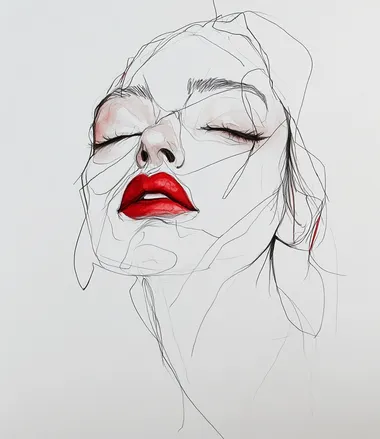 A drawing of an abstract face with white paper, red lipstick, and a single line on the lips, created using a watercolor technique, with a color ink pen and a white background, without shadows or details, with simple lines and thin strokes, depicting a transparent-skinned portrait of a woman's head, without a mouth, with eye makeup and eyeshadow, without eyelashes or a nose, with a contour light and eyeliner.
