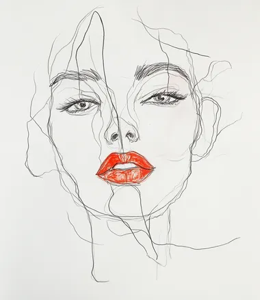 A drawing of an abstract face with white paper, red lipstick, and a single line on the lips, created using a watercolor technique, with a color ink pen and a white background, without shadows or details, with simple lines and thin strokes, depicting a transparent-skinned portrait of a woman's head, without a mouth, with eye makeup and eyeshadow, without eyelashes or a nose, with a contour light and eyeliner.