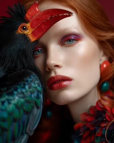 a red haired girl portrait, surreal composition with a Knobbed Hornbill flying in front of her face, soft studio lighting, light red Blurred background, colorful artistic makeup, fashion photography style, hyper-detailed, photo realistic, front view, glamourous, full body shot  ybbtidv