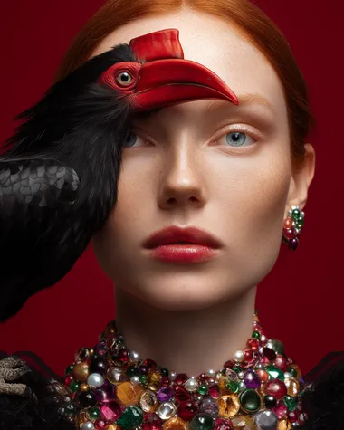 a red haired girl portrait, surreal composition with a Knobbed Hornbill flying in front of her face, soft studio lighting, light red Blurred background, colorful artistic makeup, fashion photography style, hyper-detailed, photo realistic, front view, glamourous, full body shot  ybbtidv