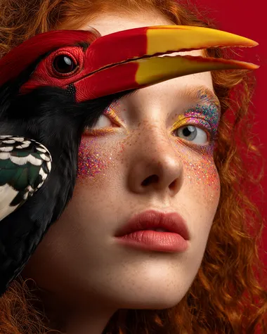 a red haired girl portrait, surreal composition with a Knobbed Hornbill flying in front of her face, soft studio lighting, light red Blurred background, colorful artistic makeup, fashion photography style, hyper-detailed, photo realistic, front view, glamourous, full body shot  ybbtidv