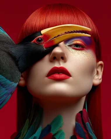 a red haired girl portrait, surreal composition with a Knobbed Hornbill flying in front of her face, soft studio lighting, light red Blurred background, colorful artistic makeup, fashion photography style, hyper-detailed, photo realistic, front view, glamourous, full body shot  ybbtidv