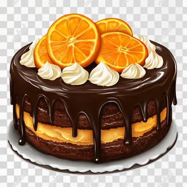 clipart, Chocolate cake with orange , realistic style, white background