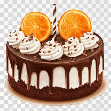 clipart, Chocolate cake with orange , realistic style, white background