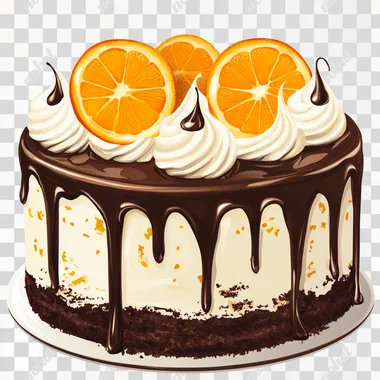 clipart, Chocolate cake with orange , realistic style, white background