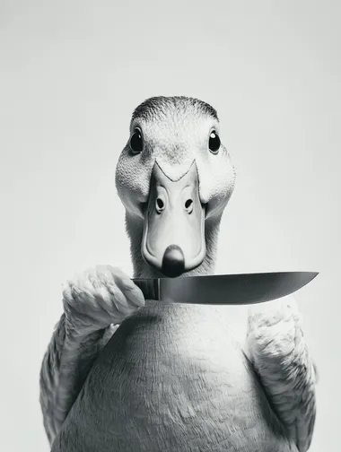 funny monochrome graphite illustration of duck holding a knife in its wings facing front view, only face visible, annoyed expression crossing its arms, nation geographic worthy animal photography of a duck in a studio lit white backdrop, up close to the camera, face in frame, Monochrome dramatic candid photo, classy timeless old money aesthetic bathroom, classy, timeless pose, high class posture,, luxury photoshot black and silver and blue chromatic tone image, high resolution, Texture and pores, full-color picture, half-length photo, off-white solid color background, light warm light atmosphere, soft studio lighting, model, beautiful, Shot on a Nikon Z9, high quality resolution