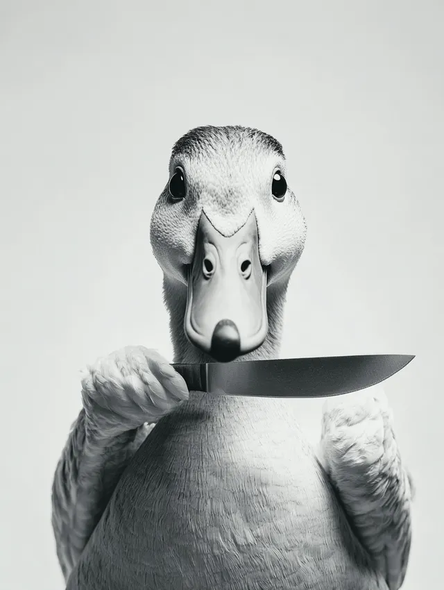 Duck with Knife in Mouth: Humorous Monochrome Studio Illustration
