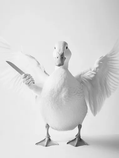 funny monochrome graphite illustration of duck holding a knife in its wings facing front view, only face visible, annoyed expression crossing its arms, nation geographic worthy animal photography of a duck in a studio lit white backdrop, up close to the camera, face in frame, Monochrome dramatic candid photo, classy timeless old money aesthetic bathroom, classy, timeless pose, high class posture,, luxury photoshot black and silver and blue chromatic tone image, high resolution, Texture and pores, full-color picture, half-length photo, off-white solid color background, light warm light atmosphere, soft studio lighting, model, beautiful, Shot on a Nikon Z9, high quality resolution