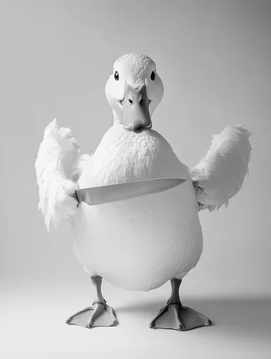 funny monochrome graphite illustration of duck holding a knife in its wings facing front view, only face visible, annoyed expression crossing its arms, nation geographic worthy animal photography of a duck in a studio lit white backdrop, up close to the camera, face in frame, Monochrome dramatic candid photo, classy timeless old money aesthetic bathroom, classy, timeless pose, high class posture,, luxury photoshot black and silver and blue chromatic tone image, high resolution, Texture and pores, full-color picture, half-length photo, off-white solid color background, light warm light atmosphere, soft studio lighting, model, beautiful, Shot on a Nikon Z9, high quality resolution