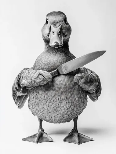 funny monochrome graphite illustration of duck holding a knife in its wings facing front view, only face visible, annoyed expression crossing its arms, nation geographic worthy animal photography of a duck in a studio lit white backdrop, up close to the camera, face in frame, Monochrome dramatic candid photo, classy timeless old money aesthetic bathroom, classy, timeless pose, high class posture,, luxury photoshot black and silver and blue chromatic tone image, high resolution, Texture and pores, full-color picture, half-length photo, off-white solid color background, light warm light atmosphere, soft studio lighting, model, beautiful, Shot on a Nikon Z9, high quality resolution