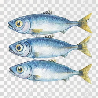 sardines hand drawn clipart isolated on white background , easy to cut out , no shadows, no shades , by Seb McKinnon and Jon Klassen , children's book art, kawaii watercolour style