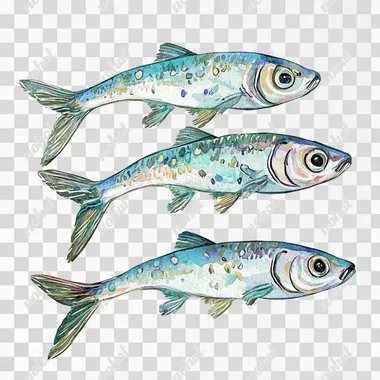 sardines hand drawn clipart isolated on white background , easy to cut out , no shadows, no shades , by Seb McKinnon and Jon Klassen , children's book art, kawaii watercolour style