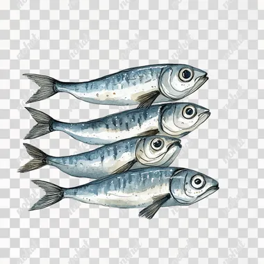 sardines hand drawn clipart isolated on white background , easy to cut out , no shadows, no shades , by Seb McKinnon and Jon Klassen , children's book art, kawaii watercolour style