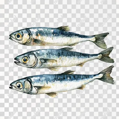 sardines hand drawn clipart isolated on white background , easy to cut out , no shadows, no shades , by Seb McKinnon and Jon Klassen , children's book art, kawaii watercolour style