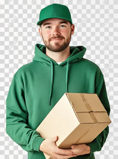 a thin and at the same time athletic Caucasian guy with a neat beard with a pleasant appearance dressed in a rich and bright green baseball cap and a rich and bright green hoodie, holding a cardboard box under his arm, a slight smile, studio photo on a white background, professional shooting, 4k, high detail, realism