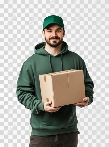 a thin and at the same time athletic Caucasian guy with a neat beard with a pleasant appearance dressed in a rich and bright green baseball cap and a rich and bright green hoodie, holding a cardboard box under his arm, a slight smile, studio photo on a white background, professional shooting, 4k, high detail, realism
