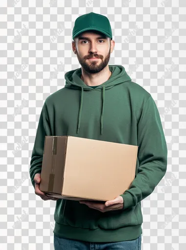 a thin and at the same time athletic Caucasian guy with a neat beard with a pleasant appearance dressed in a rich and bright green baseball cap and a rich and bright green hoodie, holding a cardboard box under his arm, a slight smile, studio photo on a white background, professional shooting, 4k, high detail, realism