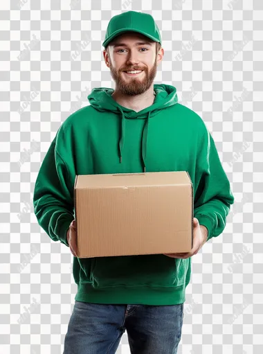 a thin and at the same time athletic Caucasian guy with a neat beard with a pleasant appearance dressed in a rich and bright green baseball cap and a rich and bright green hoodie, holding a cardboard box under his arm, a slight smile, studio photo on a white background, professional shooting, 4k, high detail, realism