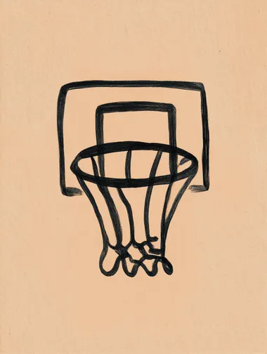 Hand-drawn black line illustrations of a basketball hoop, side view, basketball almost entering the basket, on beige paper background . Centered composition. Minimalist, sketch style, ink outline, no shading   --raw